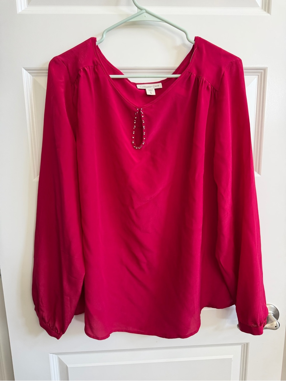 Coldwater Creek Women's Long-Sleeve Keyhole 100% Silk Blouse in Magenta